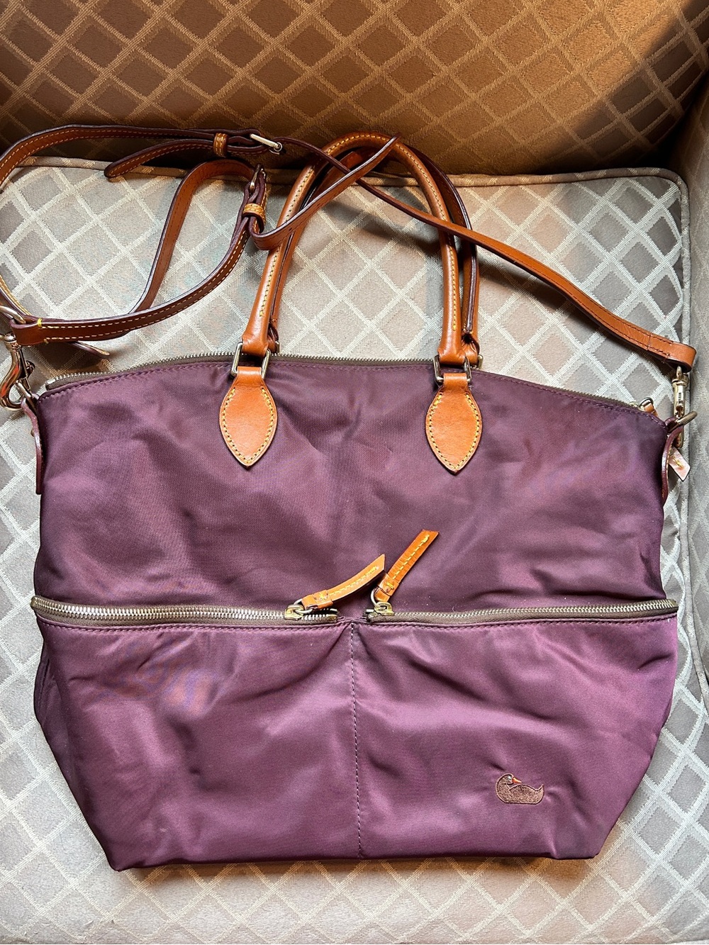 Dooney & Bourke Large Purple Nylon Shoulder Bag with Tan Leather Trim